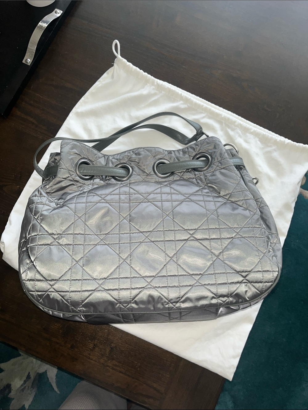 Dior Quilted Metallic Gray Drawstring Shoulder Bag - Women
